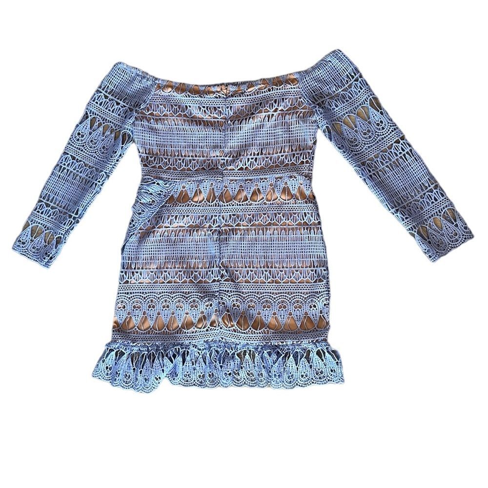Missguided Frill Lace Bardot Wrap Flippy Hem Dress Blue 12 NWT Sultry Coquette - Picture 4 of 10